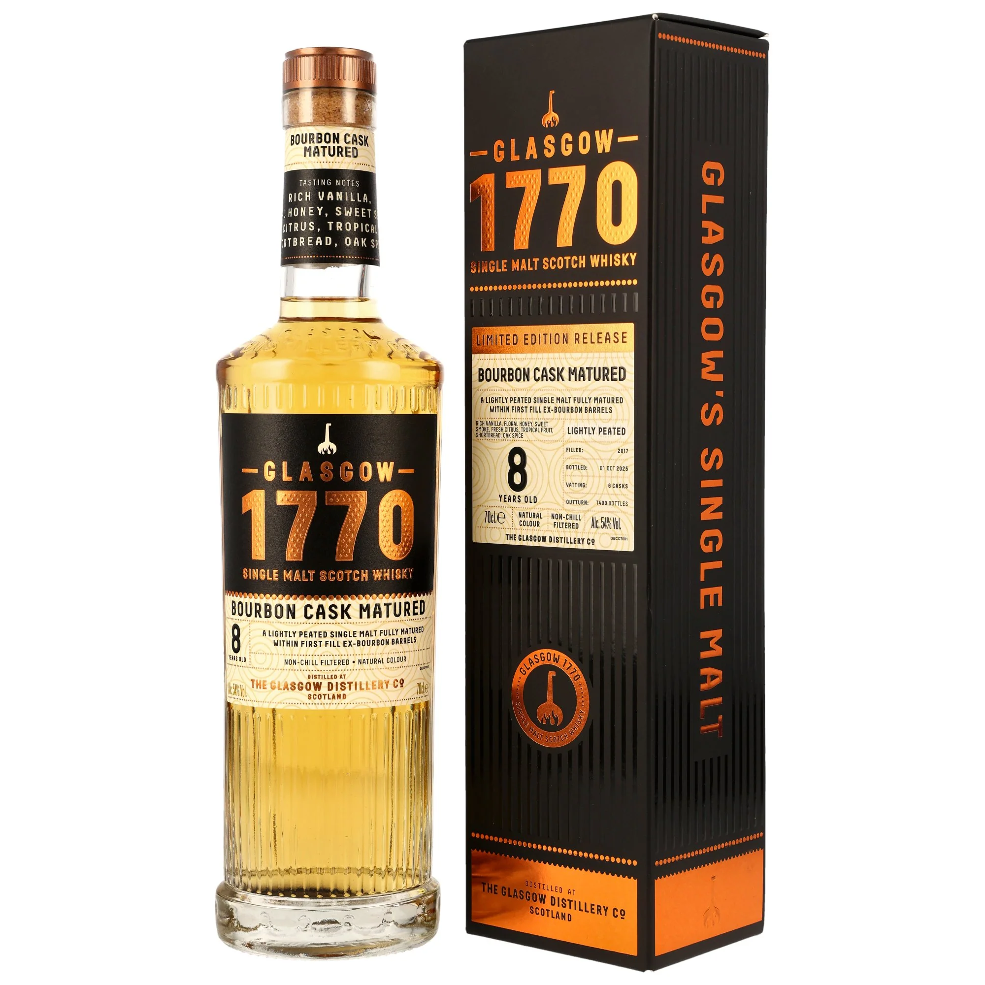 Glasgow 1770 8 Jahre 2017/2025 1st Fill Bourbon Casks Lightly Peated 54% 0,7l