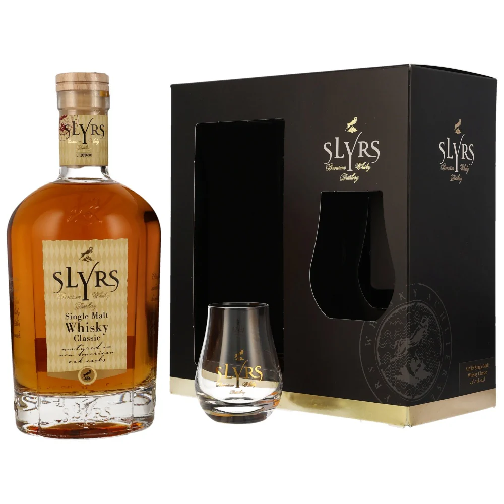 Slyrs Classic Single Malt Whisky Geschenkset 43% 0,7l, Flasche und Nosingglas